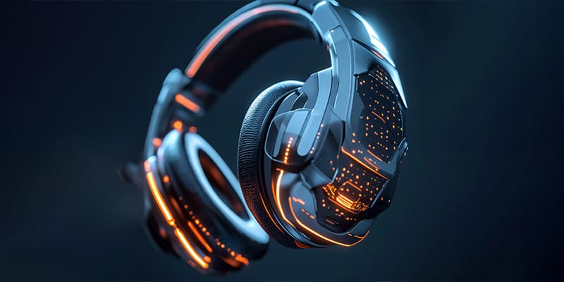 Futuristic black over-ear headphones with glowing orange LED accents, featuring a high-tech, cyberpunk-inspired design against a dark background.