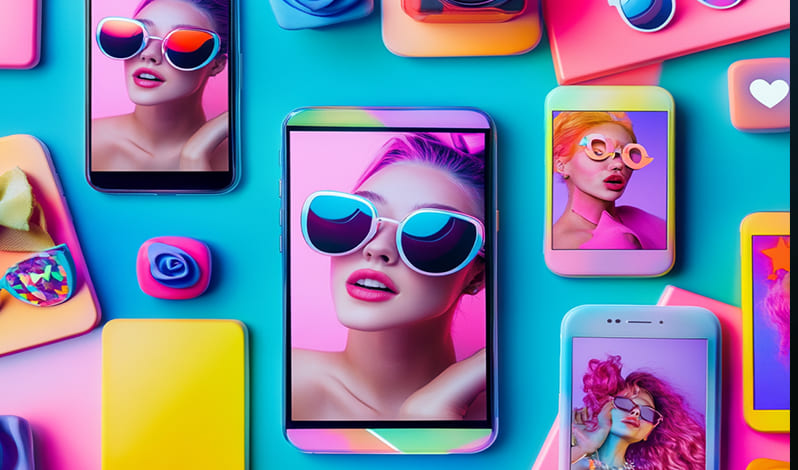 Modern digital marketing concept showcasing smartphones displaying vibrant portraits of social media influencers, surrounded by colorful accessories. The design highlights TikTok-style visuals, engaging social media interactions, and a focus on young, trend-savvy audiences.