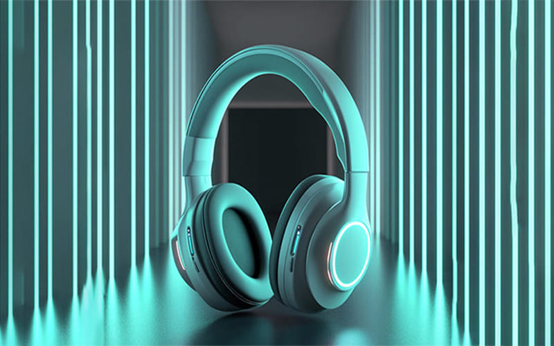 Sleek turquoise over-ear Bluetooth headphones with LED lighting, showcased in a futuristic corridor illuminated by glowing neon lines