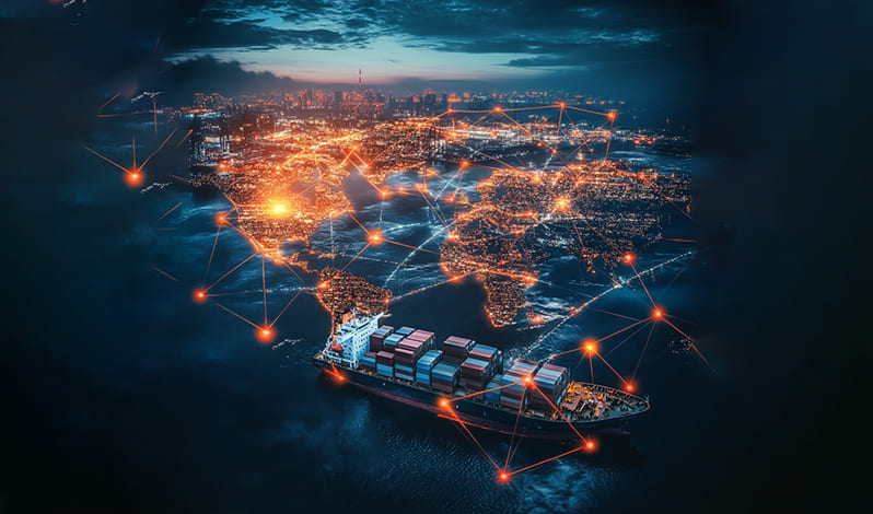 Global trade and logistics concept featuring a cargo ship carrying containers on the ocean, with a glowing world map overlay connected by bright orange network lines. The background showcases a city skyline under a dramatic evening sky.