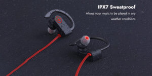 High-performance waterproof Bluetooth earbuds with IPX7 sweatproof rating, featuring ergonomic ear hooks and vibrant red cables, designed for durability and active use in wet or sweaty conditions.