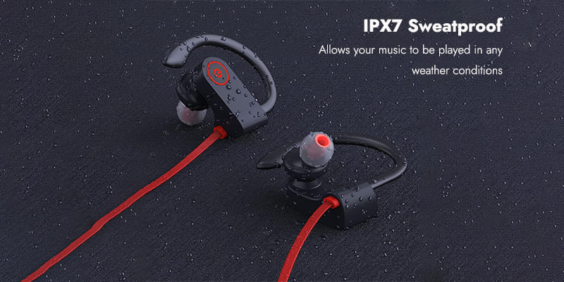 High-performance waterproof Bluetooth earbuds with IPX7 sweatproof rating, featuring ergonomic ear hooks and vibrant red cables, designed for durability and active use in wet or sweaty conditions.