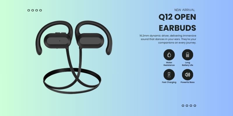 Open-ear Bluetooth earbuds with waterproof design, offering a comfortable and secure fit for outdoor activities.