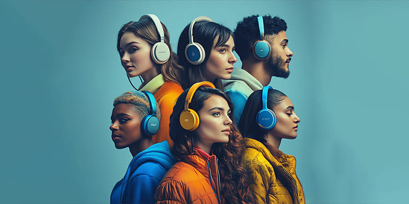 A diverse group of young adults wearing colorful over-ear Bluetooth headphones, posing confidently against a light blue background, showcasing vibrant designs and modern technology.