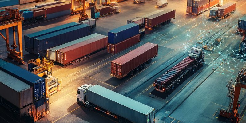 A professional photograph showing a well-organized supply chain with warehouses, trucks, and workers managing logistics. The image highlights global shipping elements like cargo containers and a map overlay.