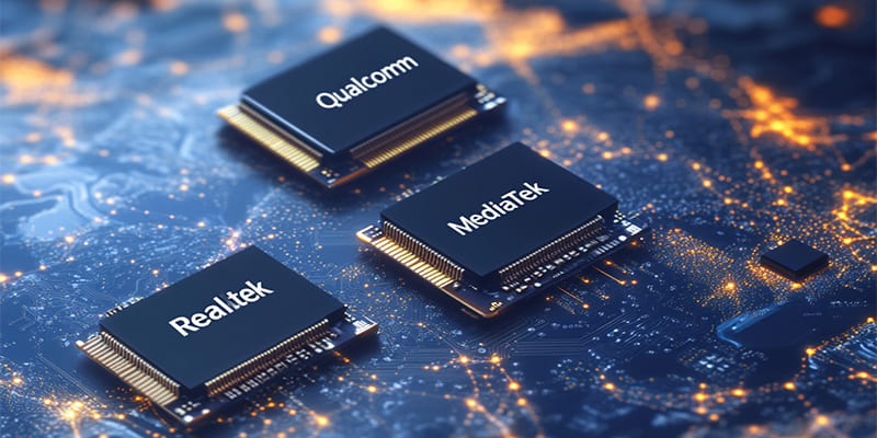 Conceptual illustration of three Bluetooth earphone chips representing Qualcomm, MediaTek, and Realtek floating over a global map.