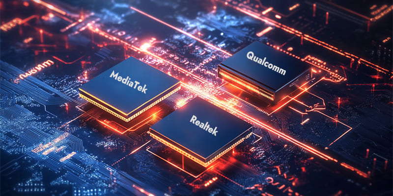 Conceptual illustration of three Bluetooth earphone chips representing Qualcomm, MediaTek, and Realtek floating over a global map.