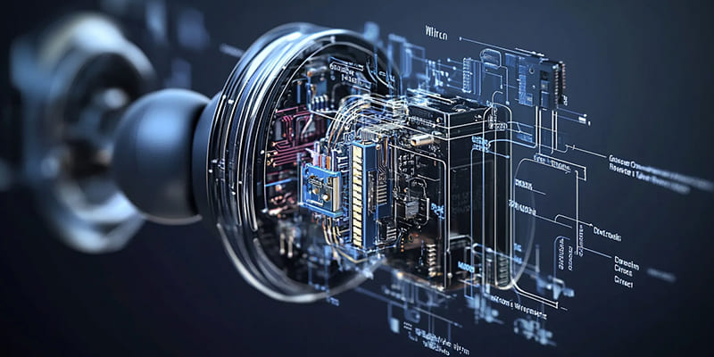 Diagram showcasing the internal structure of a Bluetooth earphone chip with labeled sections for audio processing, power management, and connectivity.