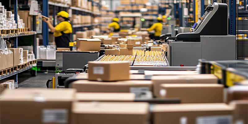 Workers in a busy fulfillment center sorting and packing products into boxes with the help of automated systems and robots, ensuring fast order processing.