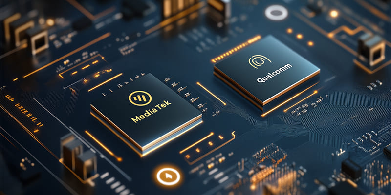 Side-by-side comparison of Qualcomm and MediaTek Bluetooth chips with graphical icons highlighting audio quality, efficiency, and affordability.