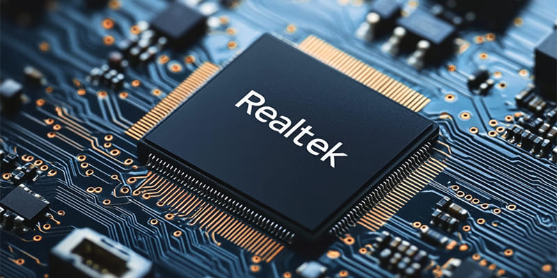 Realtek Bluetooth earphone chip displayed against a minimalist background, symbolizing affordability and reliability.