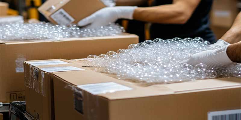 Workers packaging products using high-quality materials like bubble wrap and custom inserts for safe international shipping, with labels and barcodes visible.