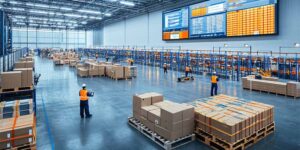 A high-tech logistics control center with workers handling shipments, using digital screens to track inventory and manage orders in a well-lit warehouse.