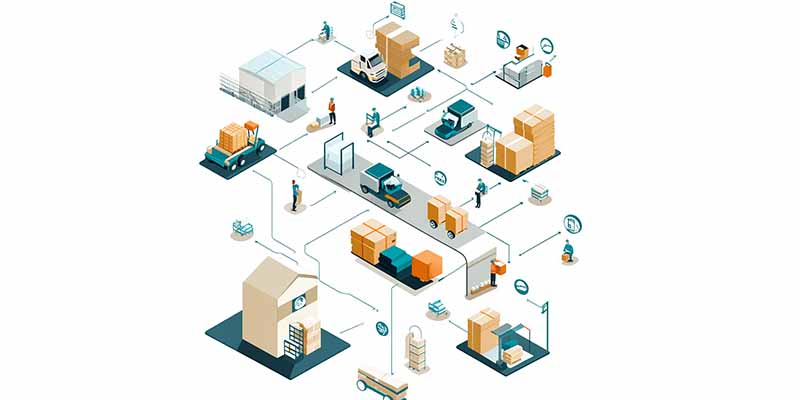 Visual representation of a seamless supply chain, illustrating the flow of products from warehouse to packaging and shipping, with icons and arrows to show each stage.